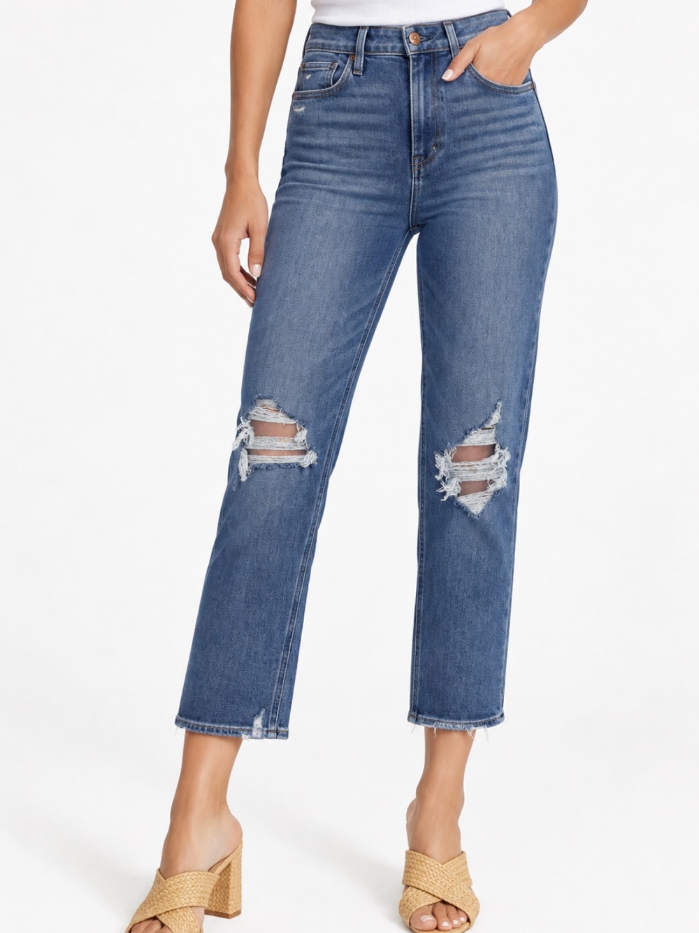 PAIGE Stella Crop Distressed High Rise Straight Jeans Size 26
